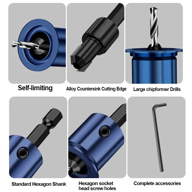 Broca avellanadora de vástago hexagonal para carpintería, abridor de tope de profundidad 2 en 1 con Control de tornillo ajustable para una