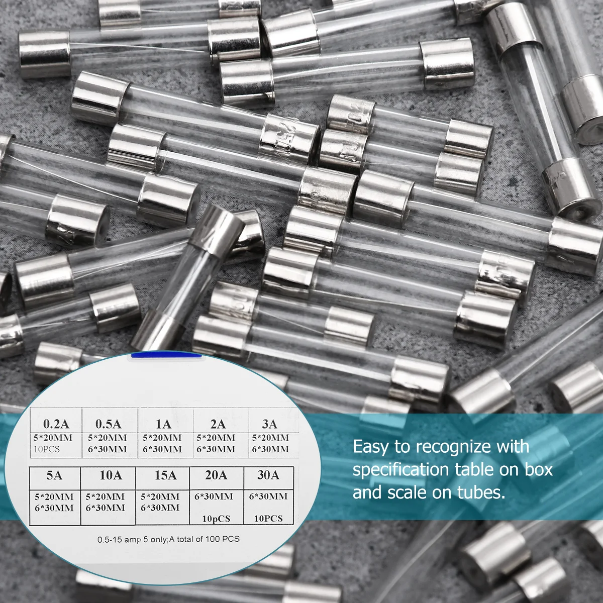 

100Pcs Car Glass Tube Fast Blow Assorted Kit 10 Amp Values 02a 05a 1a 2a 3a 5a 10a 15a 20a 30a Glass Tube Fuse
