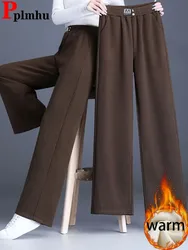 Pantalones rectos gruesos y holgados para mujer, Pantalón elástico de cintura alta con forro de terciopelo, pierna ancha, ropa informal para la nieve, Calca Lisa, Invierno