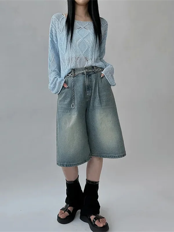 

Retro High Waist Straight Leg Denim orts Women's Faionable Slimming Wide Leg Five-Quarter Pants Ele Versatile Trousers