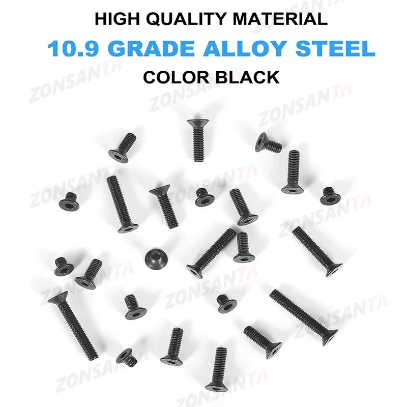 M2 M2.5 M3 M4 M5 Grade 10.9 Steel Black Hex Hexagon Socket Flat Countersunk Head Screw Allen Key Bolt Nut Washer Set Kit