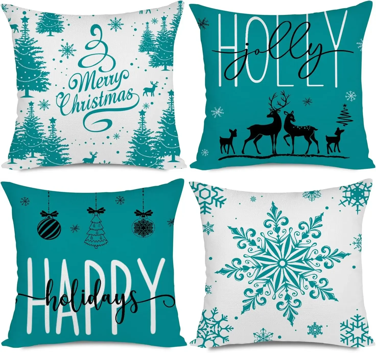 

Teal Christmas Pillow Covers Christmas Decorations Happy Holidays Holly Jolly Snowflake Decor Cushion Cover for Couch Sofa