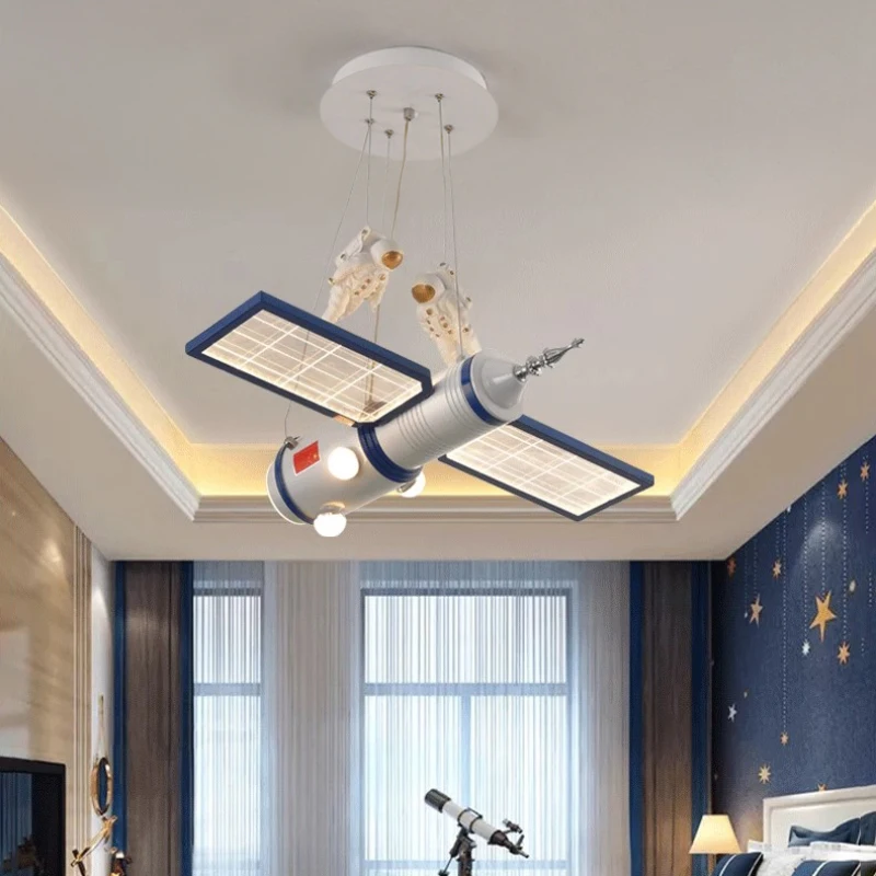 Space Satellite Astronaut Chandeliers LED Little Boy Bedroom Lamp Nordic Creative Space Station Model Children\'s Room Chandelier