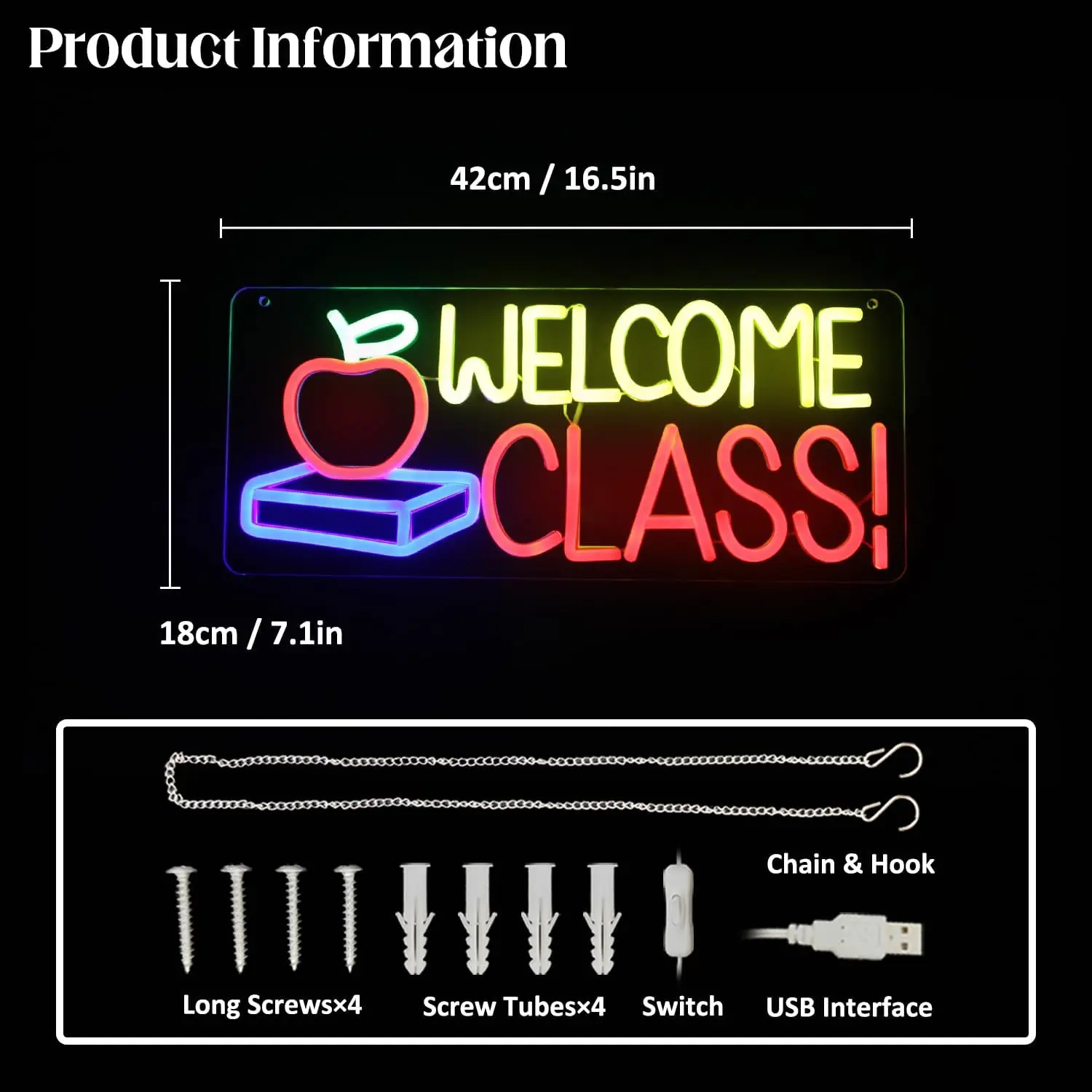 Welcome Class LED Neon Sign Student Classroom Apple Book Wall Colorful Back to School Art for School Opens Party Decorations