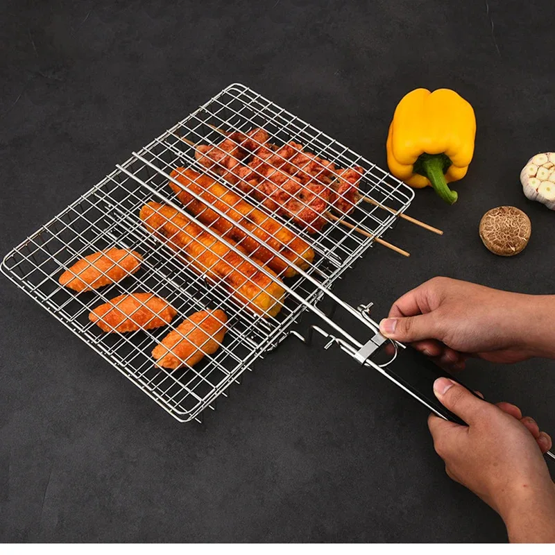 مشبك شواء بمقبض قابل للطي من الفولاذ المقاوم للصدأ، مشبك سمك مشوي متعدد الوظائف في الهواء الطلق، شواء دجاج مشوي، شواية الذرة #2