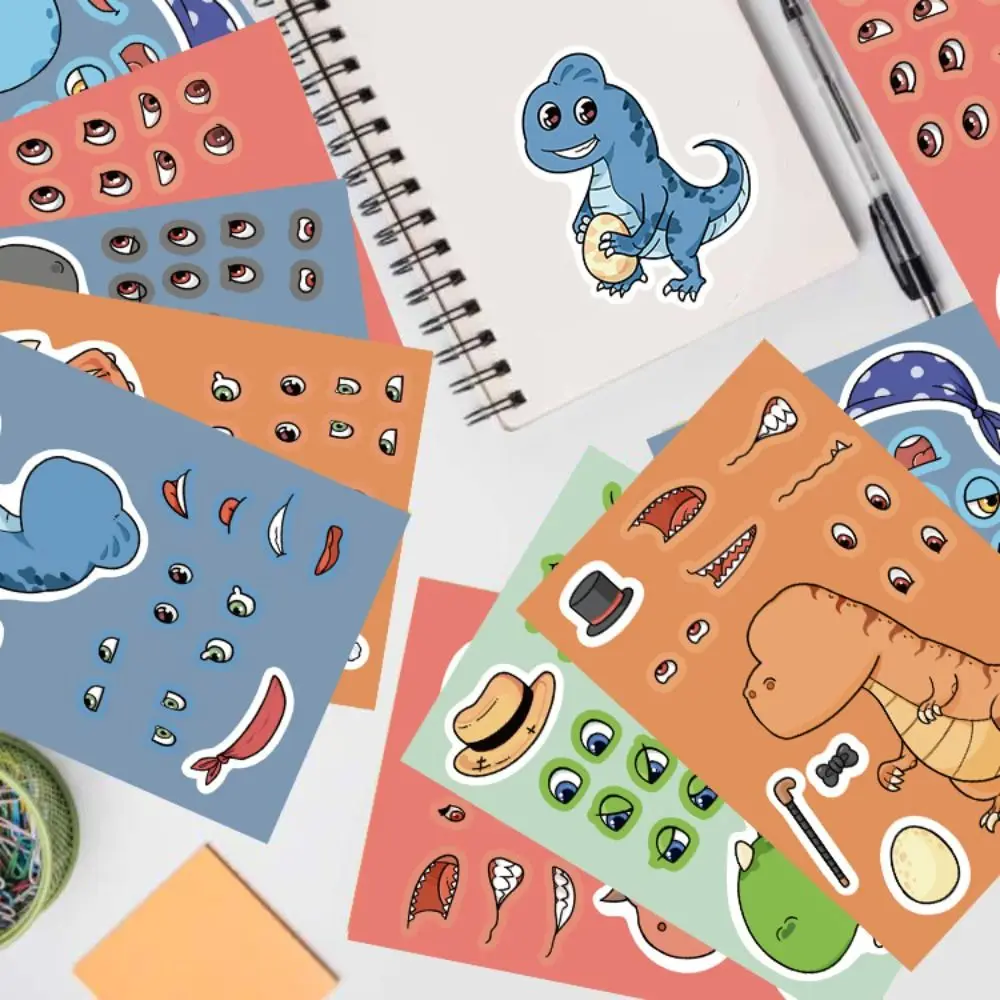 8 Sheets DIY Make-a-Face Dinosaur World Puzzle Stickers Kids Make Your Own Toys Funny Jigsaw Game Boy Girl Birthday Party Gift