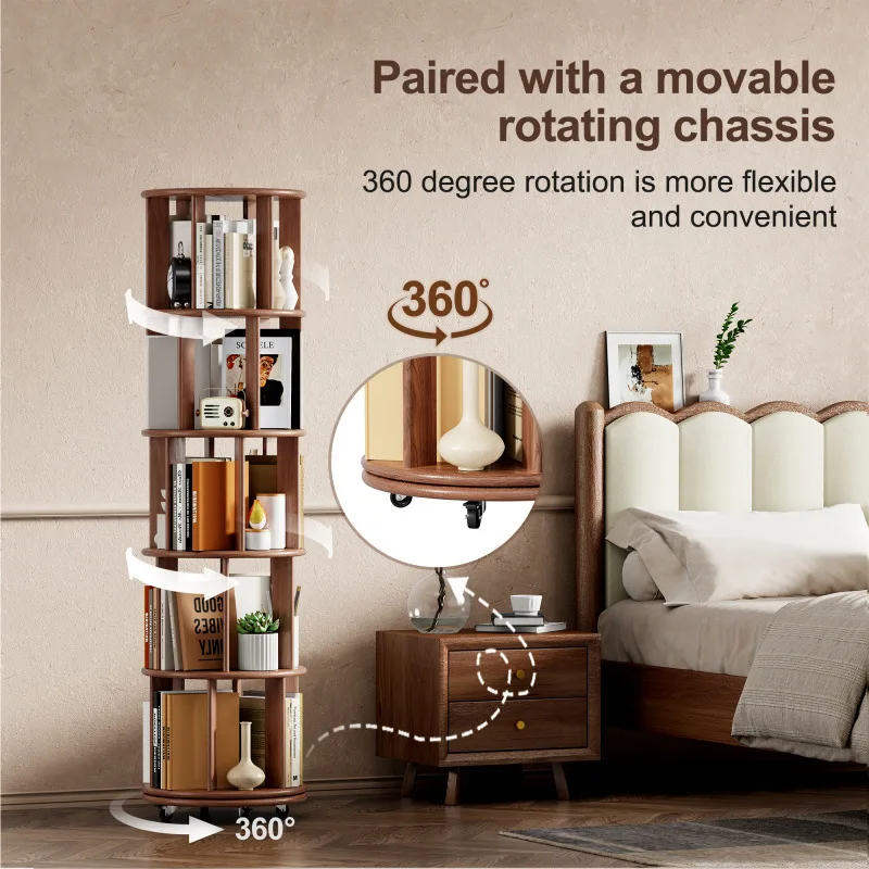 رف كتب دوار من الخشب الصلب مكون من 5 طبقات رف تخزين دائري قائم على الأرض ورف عرض لغرفة المعيشة وغرفة الدراسة