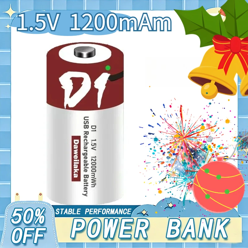 

1.5V D Size Lithium-ion Battery 12000mAh USB Rechargeable for Flashlights Water Heaters Toys Includes Free Charging Cable
