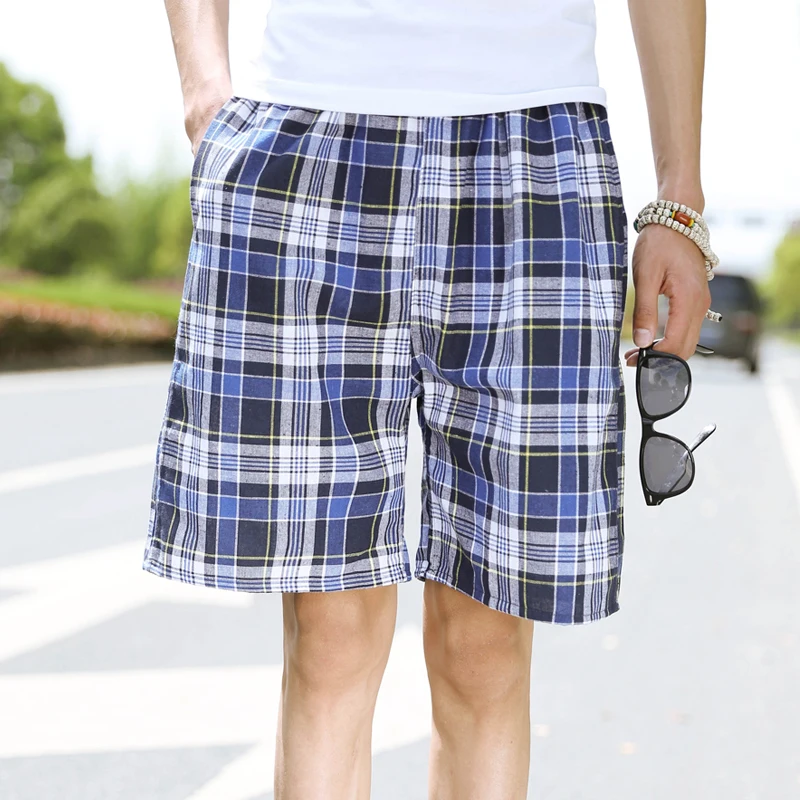 

Мужские повседневные пляжные брюки из хлопка и льна, летние крутые большие клетчатые прямые брюки, домашняя удобная повседневная одежда