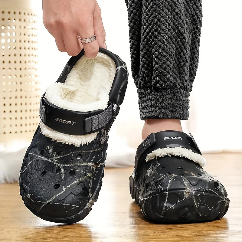 Men's Winter Camo Clogs Detachable Faux Fur Lining Warm Non-Slip Indoor/Outdoor Slippers Black EVA Casual Comfort Winter Shoes image 5