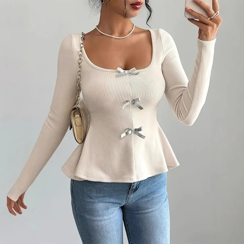 

Talenza Bow Knit Sweater Women's Casual Long Sleeve Ruffled Long Sleeve Pullover Spring Slim Office Lady Bottoming Y2k Shirt Top