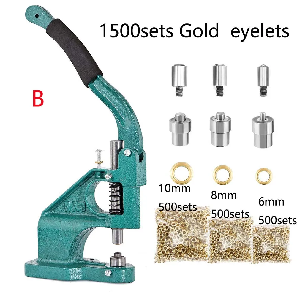 Heavy Duty Hand Drücken Öse Tülle Maschine Punch Tool Kit mit 8mm 6mm 10mm Stirbt und 1500 pcs Gold Silber Ösen – Detail 3