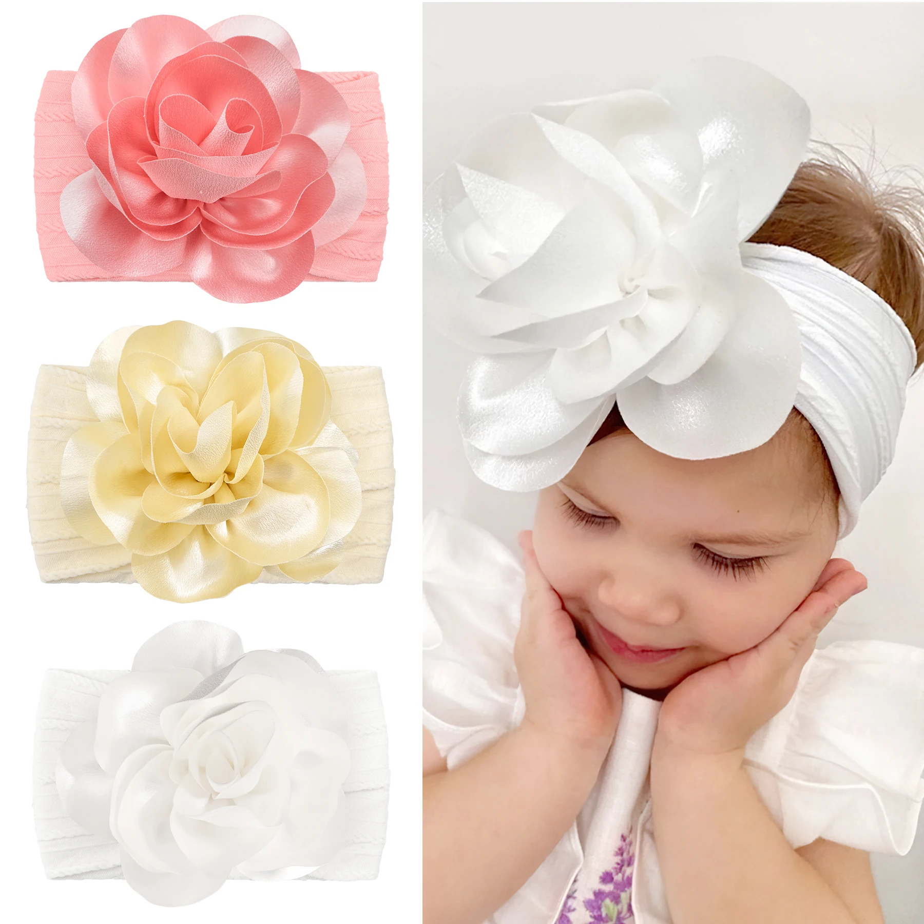 

1/3Pcs Stretchy Soft Handmade nylon Headbands for baby girls Oversized flower headflower hair accessories for Toddlers Kids