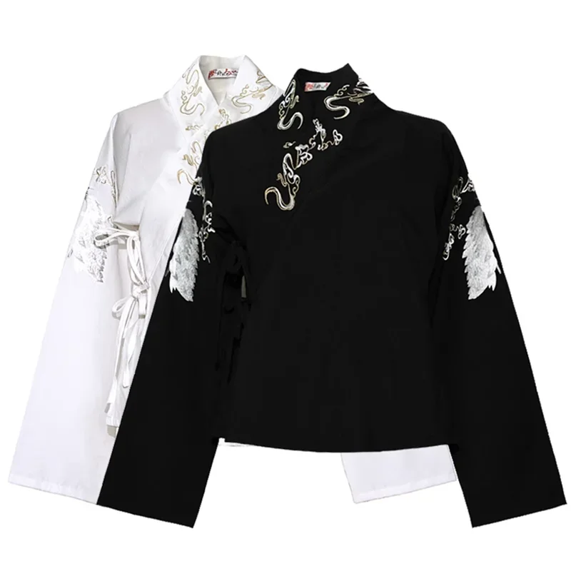 Hanfu Shirt Vrouwen Chinese Oude Borduren Wit Zwart Voering Binnenkant Shirt Top Cross Kraag Hanfu Voering Shirts Plus Size 2XL