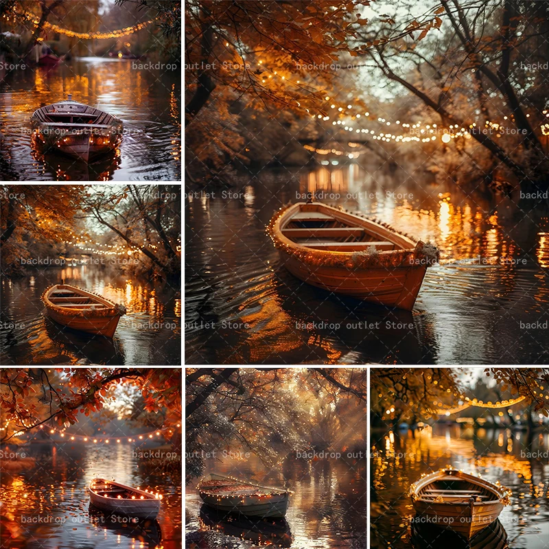 

Мехофонд Осеннее озеро фоны для фотосъемки для взрослых и детей на день рождения для фотосессии лесные листья лодка мерцающие огни фоны