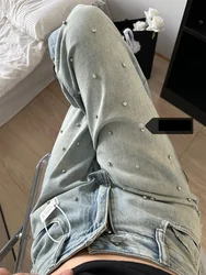 Jeans Spring High Waist Long Pant Women Diamond Bling Fashion Casual Loose Pleated Ladies Trousers Korean Wide Leg Woman Pants