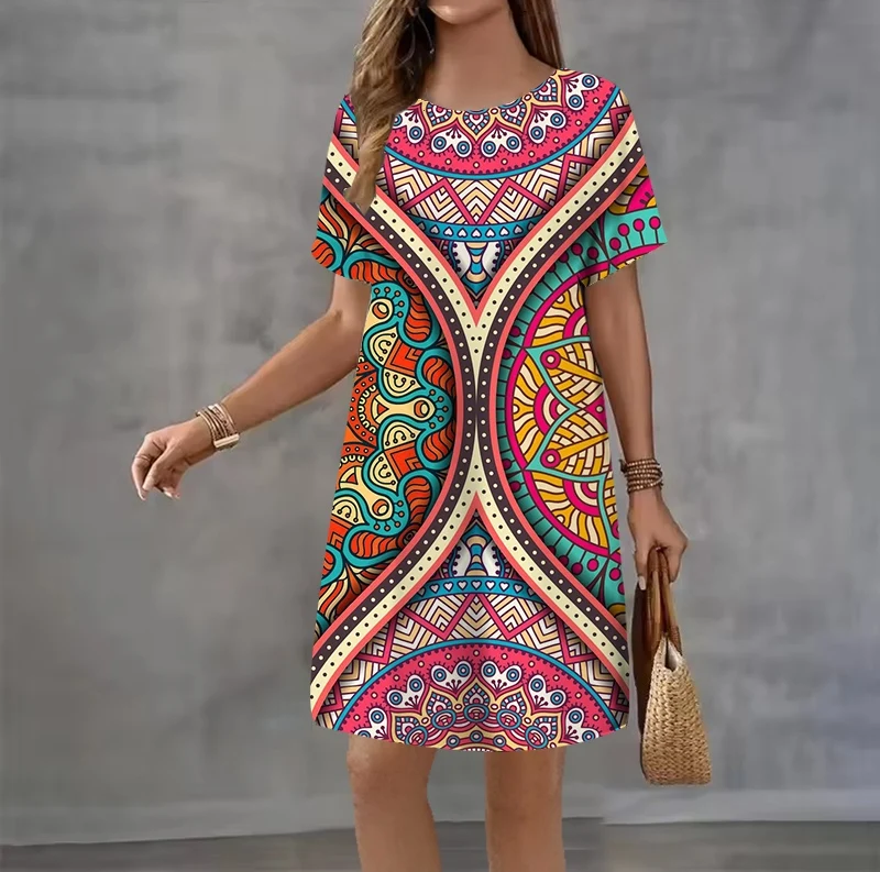 Summer women's short sleeve dress Ethnic style retro geometry Print Dress