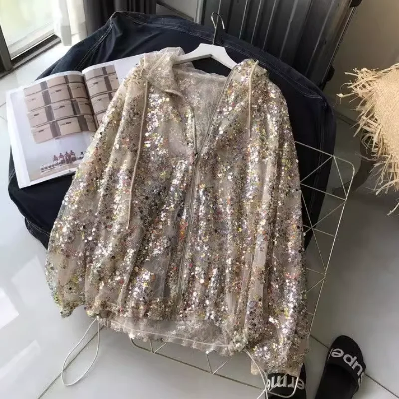 

Женская куртка с длинным рукавом, модельная Свободная куртка с капюшоном и радужными блестками, прямая модная уличная одежда, лето