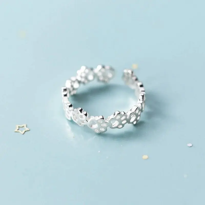 New Fashion Creative Hollow Kitten Paw Print 925 Sterling Silver Jewelry Cute Temperament Cat Animal Opening Rings R281