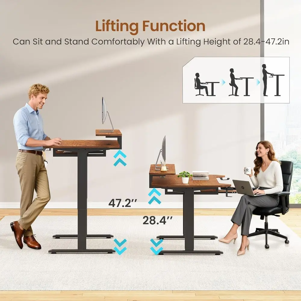 LED-lit Rustic Brown Standing Desk with Power Strip, Monitor Stand, and Keyboard Tray for Gaming and Small Spaces