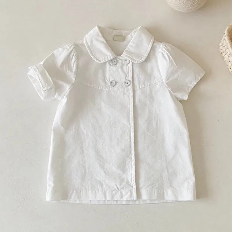 

Girl baby short sleeved Blouse summer new children's solid color cotton collar white shirt top