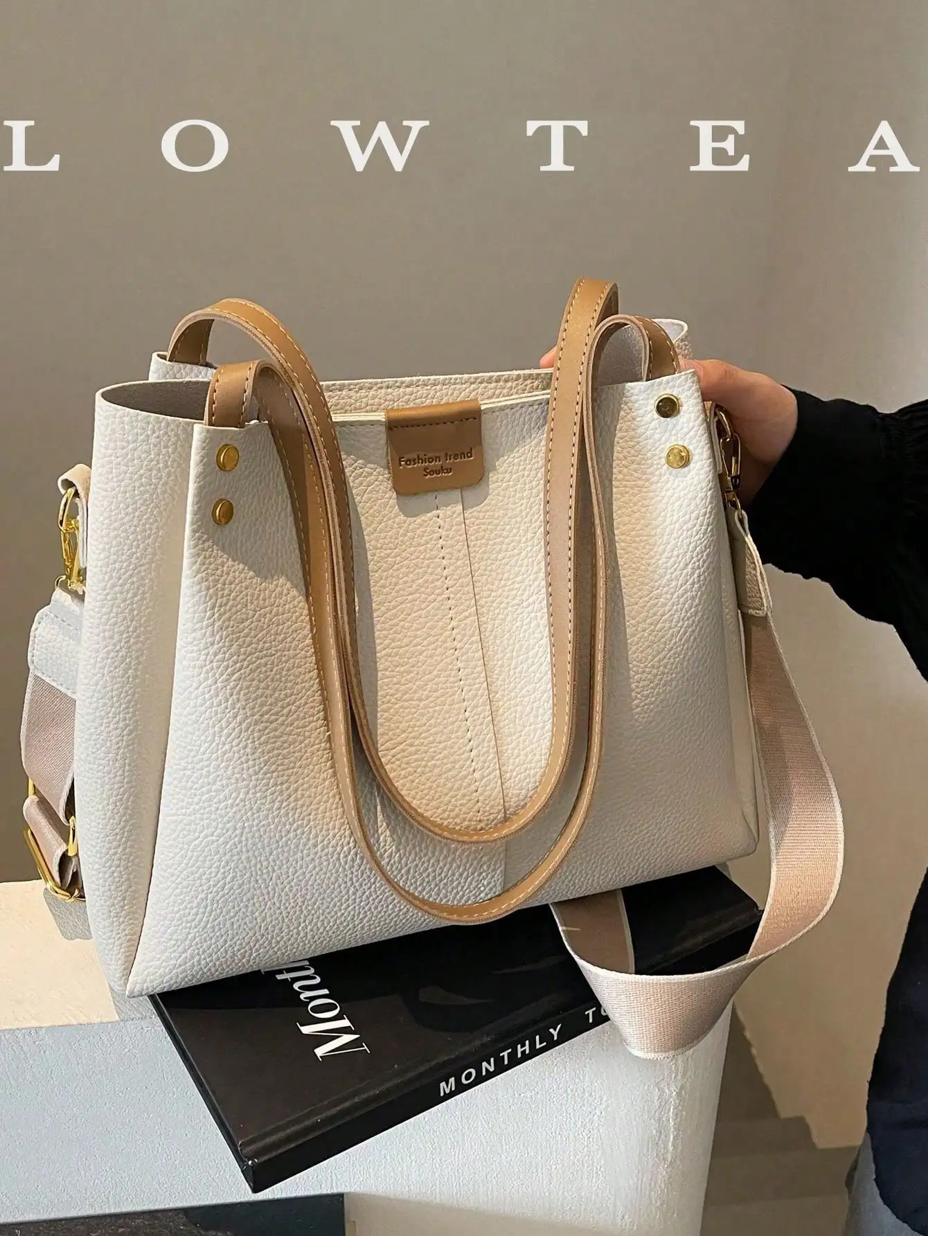 

low tea 1pc Plain Color PU Leather Women Shoulder Bag, Large Capacity Tote Bag With Removable Adjustable Strap, Zipper Closure, Suitable For Casual, Travel, Shopping, Gift For Teenager, College Girl, Office Lady, Eye-Catching Work Bags For Women