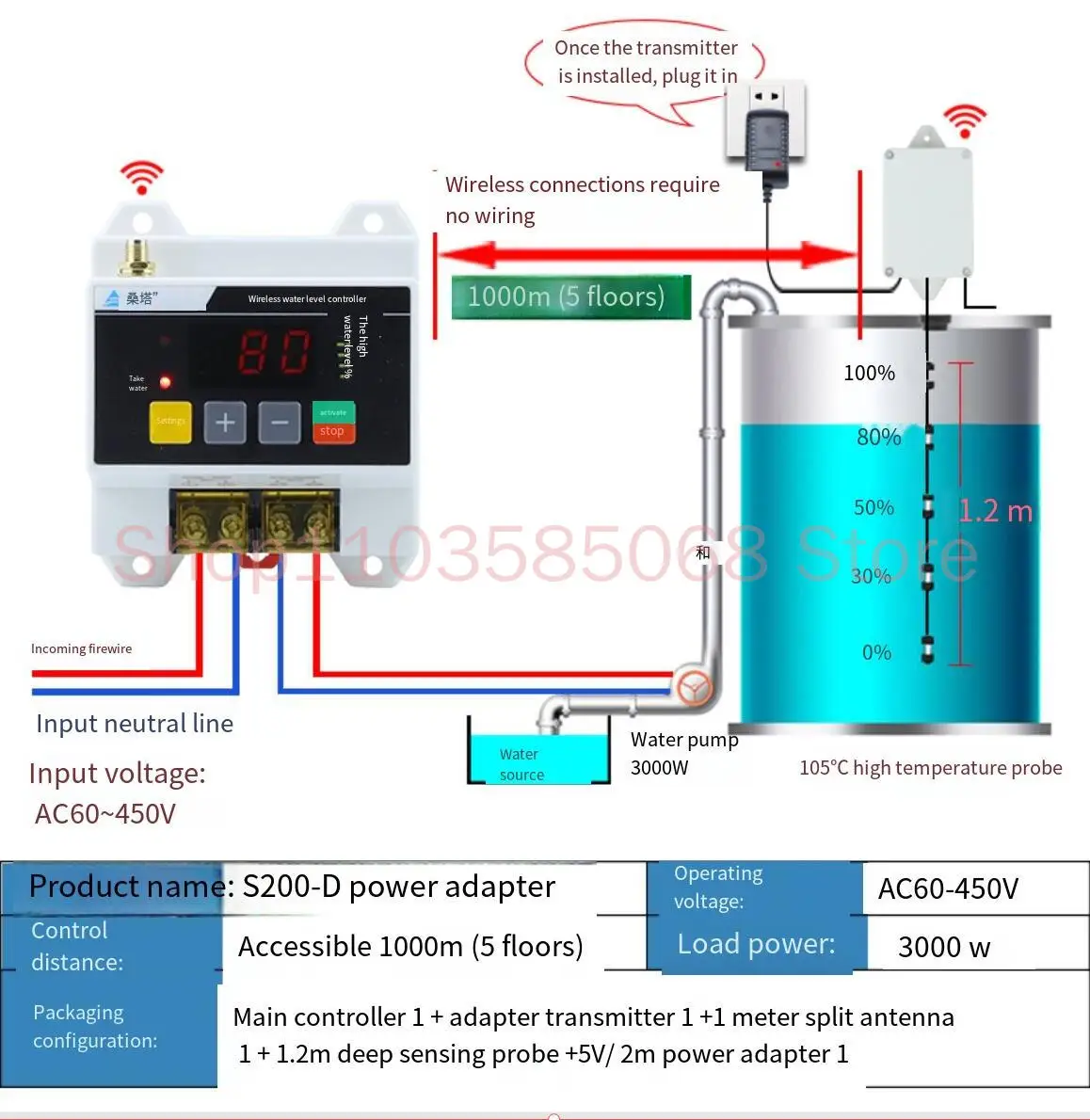 Automatic Wireless Remote Water Level Controller Pump Tank Water Tower 220V Level Remote Floating Ball Sensing