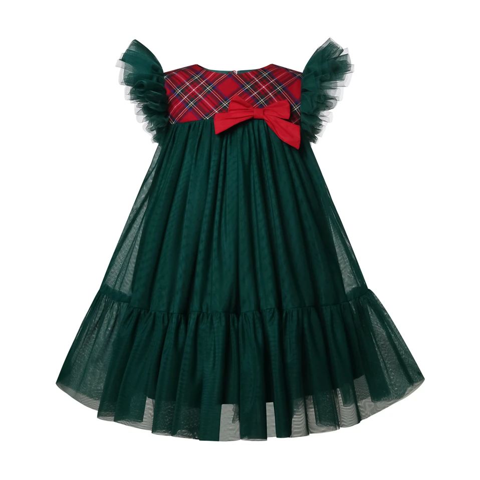 Pettigirl  Classic Christmas Party Dress Children Infant Green Tulle Dress Elegant Princess Dresses For Litle Girls  Red Bow