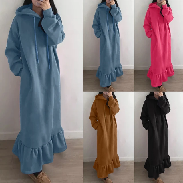 2024 New Long Fleece Hooded Sweatshirts Dress Women Casual Solid Long Sleeve Maxi Dresses Warm Winter Loose Warm Robe Vestidos AliExpress 200000345