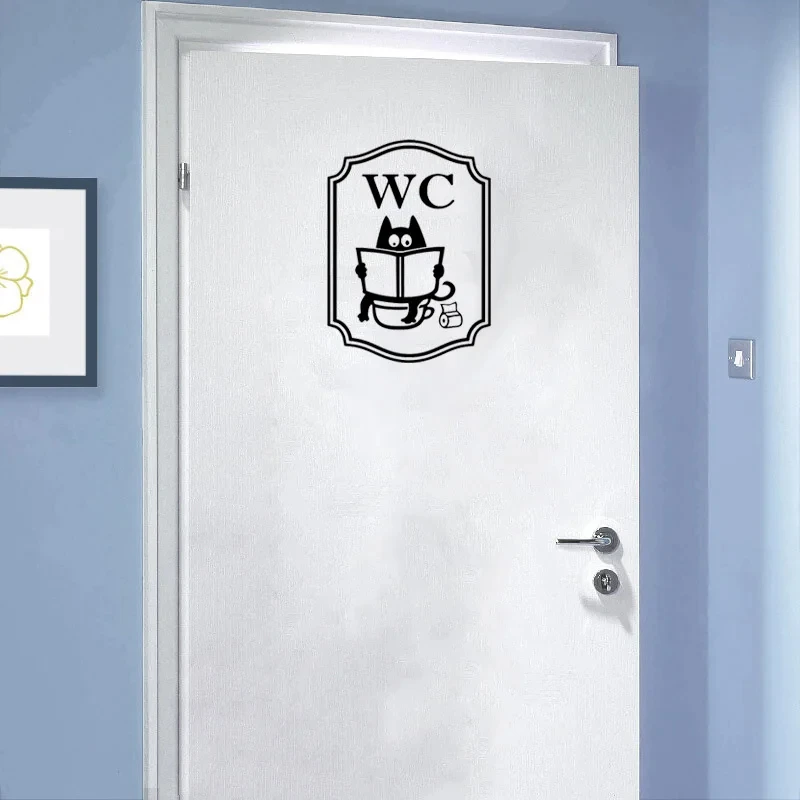 Cute Cat WC Pattern Toilet Wall Stickers Unique Accessories Removable Decal Vinyl Mural Creative Washing Room Door Decorations