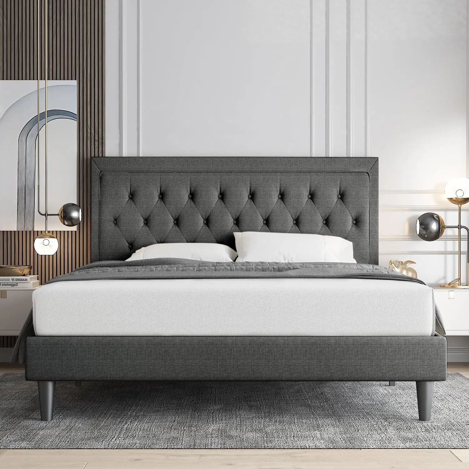 

Queen Size Button Tufted Platform Bed Frame/Fabric Upholstered Bed Frame with Adjustable Headboard