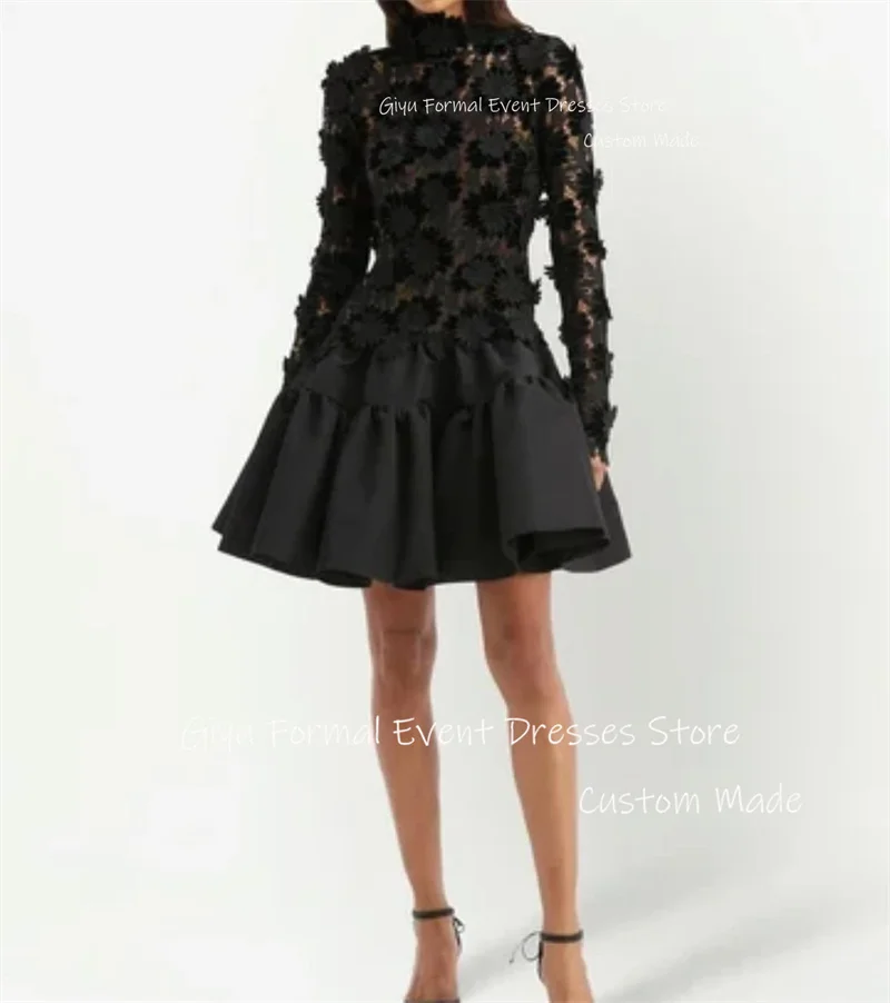 

Giyu Black A Line Short Prom Party Dresses Long Sleeves High Neck 3D Flowers Mini Sexy Cocktail Dress Night Event Dress