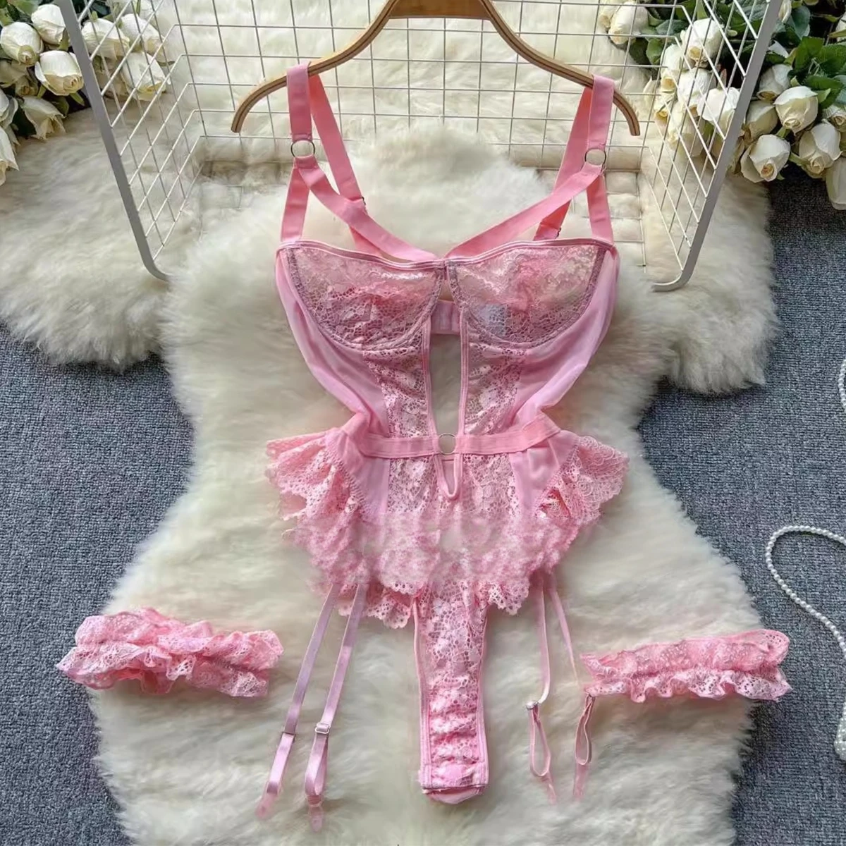 Set Lingerie Erotis Bodysuit Renda Wanita Lingerie Seksi Transparan Celana Ketat Hitam Tembus Pandang Fitness Sissy Tanpa Selangkangan Tubuh Erotis
