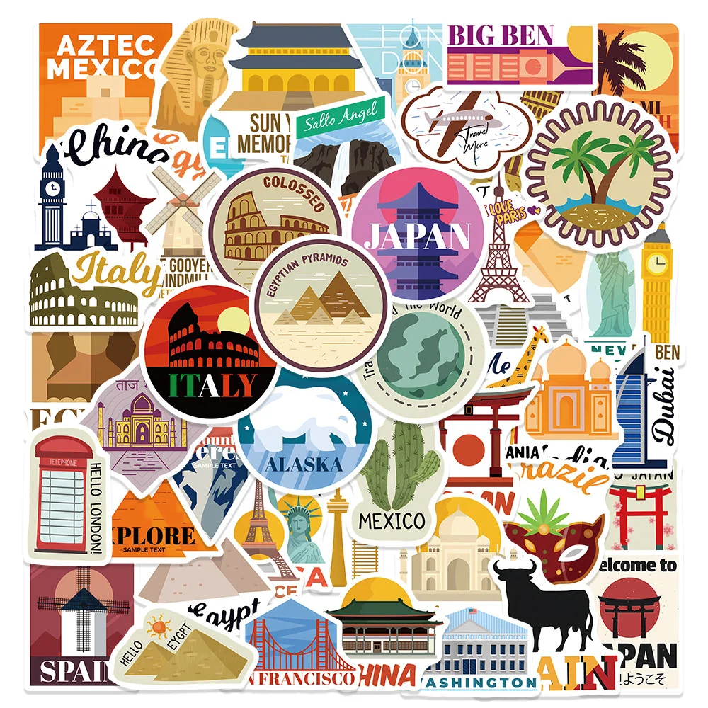 50pcs World City Landmark Stickers Pack Scrapbook Stationery Ipad Phone Laptop DIY Cartoon Sticker Journaling Materials