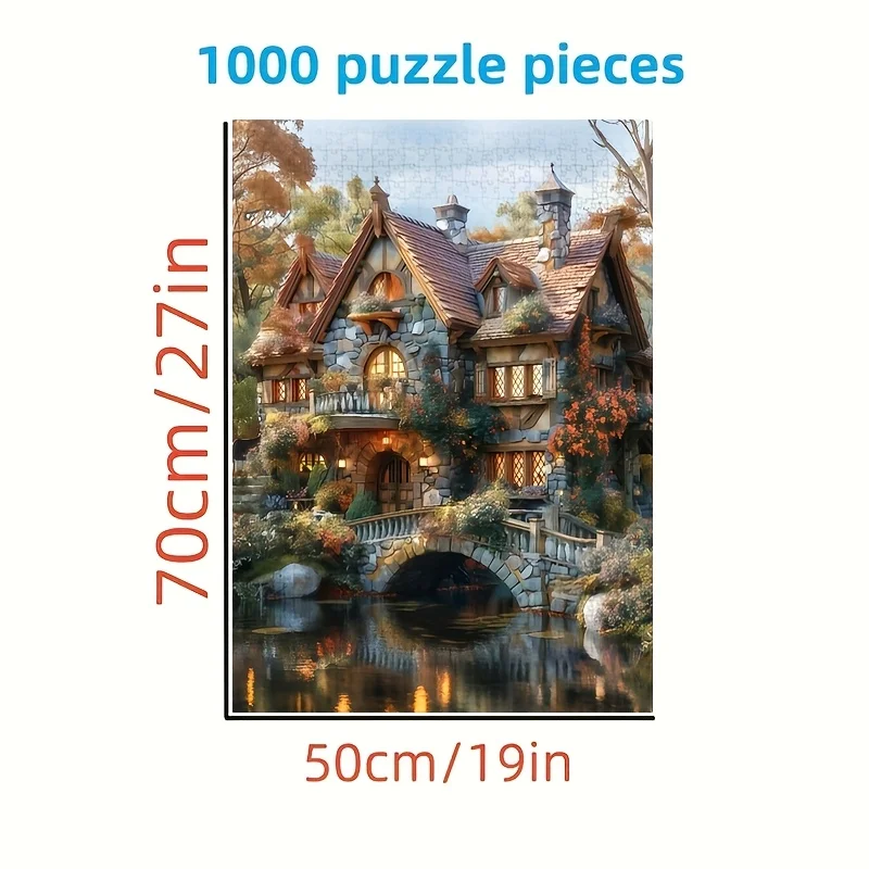 1000 قطعة من أحجية الصور المقطوعة من Lakeside Cottage - دعابة الدماغ التي تحديها بنفسك للبالغين والعائلات، تصميم مستطيل أبيض مع Vib