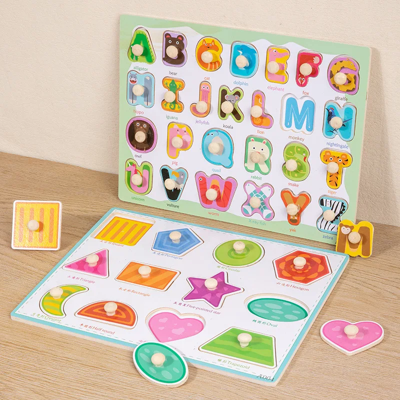 Montessori Wooden Puzzles Hand Grab Boards Toys Tangram Jigsaw Baby Educational Toys Cartoon Vehicle Animals Fruits 3D Puzzles