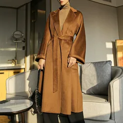 2023 New Reversible Cashmere Coat Women Long Below The Knee High-End Water Ripple Wool Coat Autumn Winter Loose Lace-up Outwear