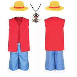 Kids Adult Luffy Cosplay Costume Boys Luffy Hat Shirt Shorts Halloween Outfits