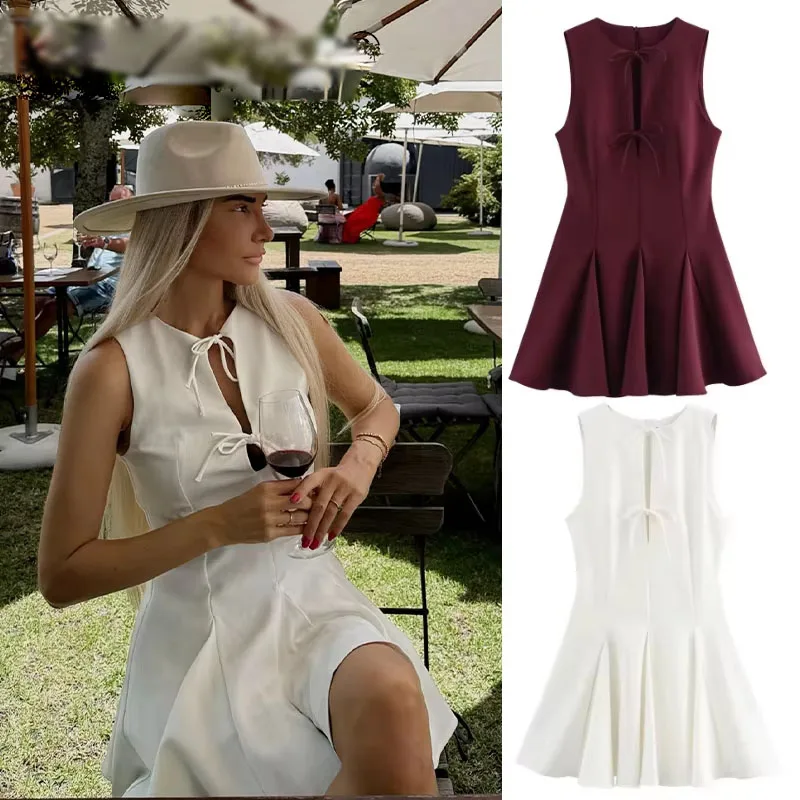 Women's Summer Fashion With Bow Casual Mini Dresses Solid Pleated Wide Hem Sleeveless Solid White Elegant Party Dresses