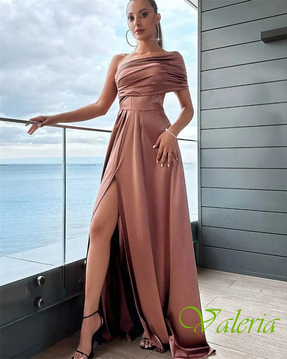 Customized Modern Satin One Shoulder Evening Dress Exquisite Front Slit Prom Dress Fashion Sweep Train Special Occasion Gowns