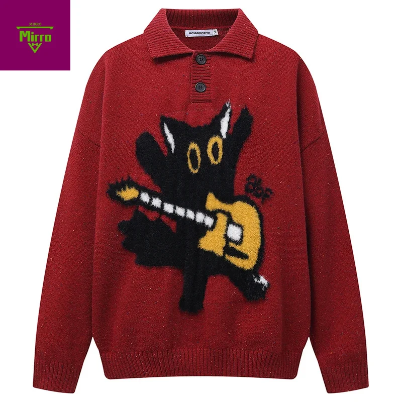 เสื้อสเวตเตอร์ลายการ์ตูนผู้ชาย สไตล์สตรีทแวร์ ฮาราจูกุ ฮิปฮอป ทรงโอเวอร์ไซส์ เสื้อไหมพรมถัก สวมหัว ลำลอง ทรงหลวม