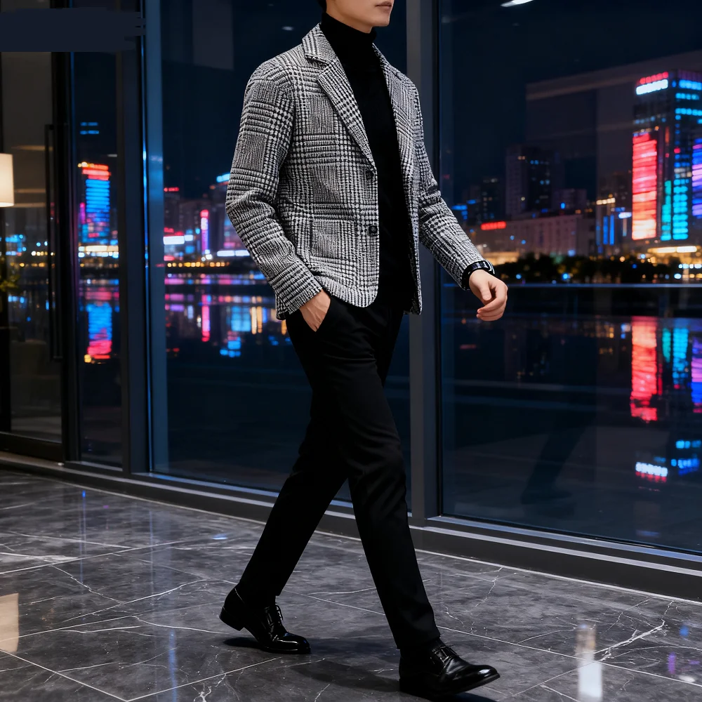 Veste en laine pied-de-poule pour hommes, décontractée, revers cranté, simple boutonnage, manches longues, Cardi, vêtements d'extérieur à la mode