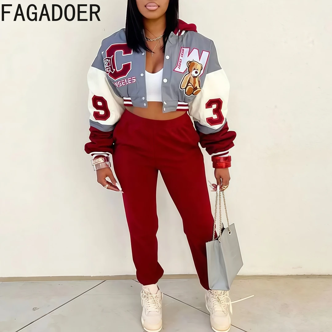 

FAGADOER Fashion Streetwear Women Button Hooded Baseball Jacket + Jogger Pants Two Piece Sets Fall Winter Printing Tracksuits