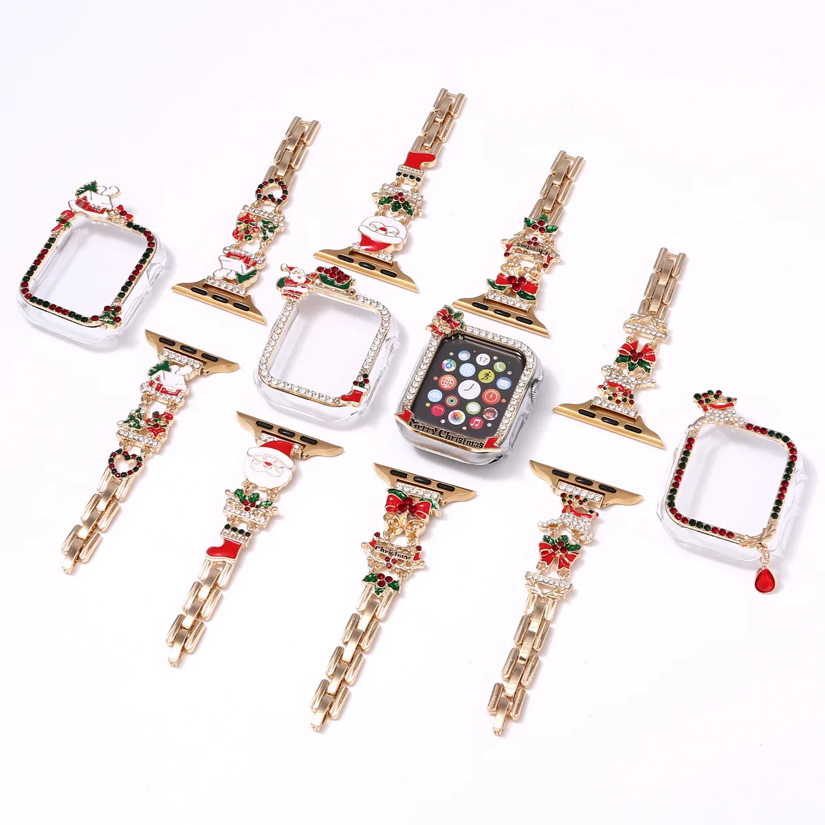 عيد الميلاد حجر الراين + حزام لساعة أبل 5/6/7/8 41 40 مللي متر الفرقة iWatch 45 44 مللي متر حزام الوفير مطعمة مع حجر الراين الكريستال