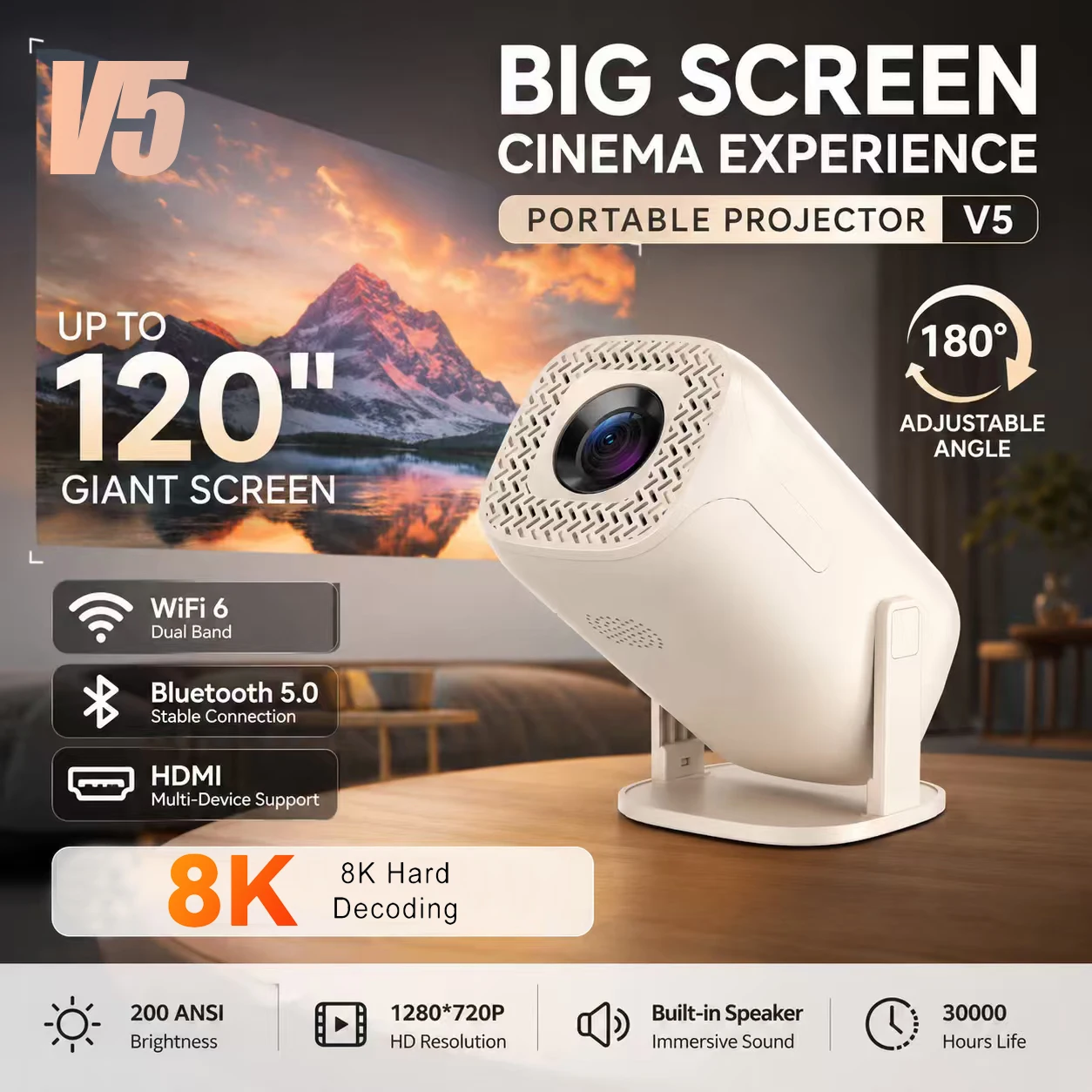 Proyector LED Portátil V5 para Cine en Casa, Android 14, BT 4K Nativo 1080P Full HD, WiFi de Doble Banda, Proyector de Películas para el Hogar