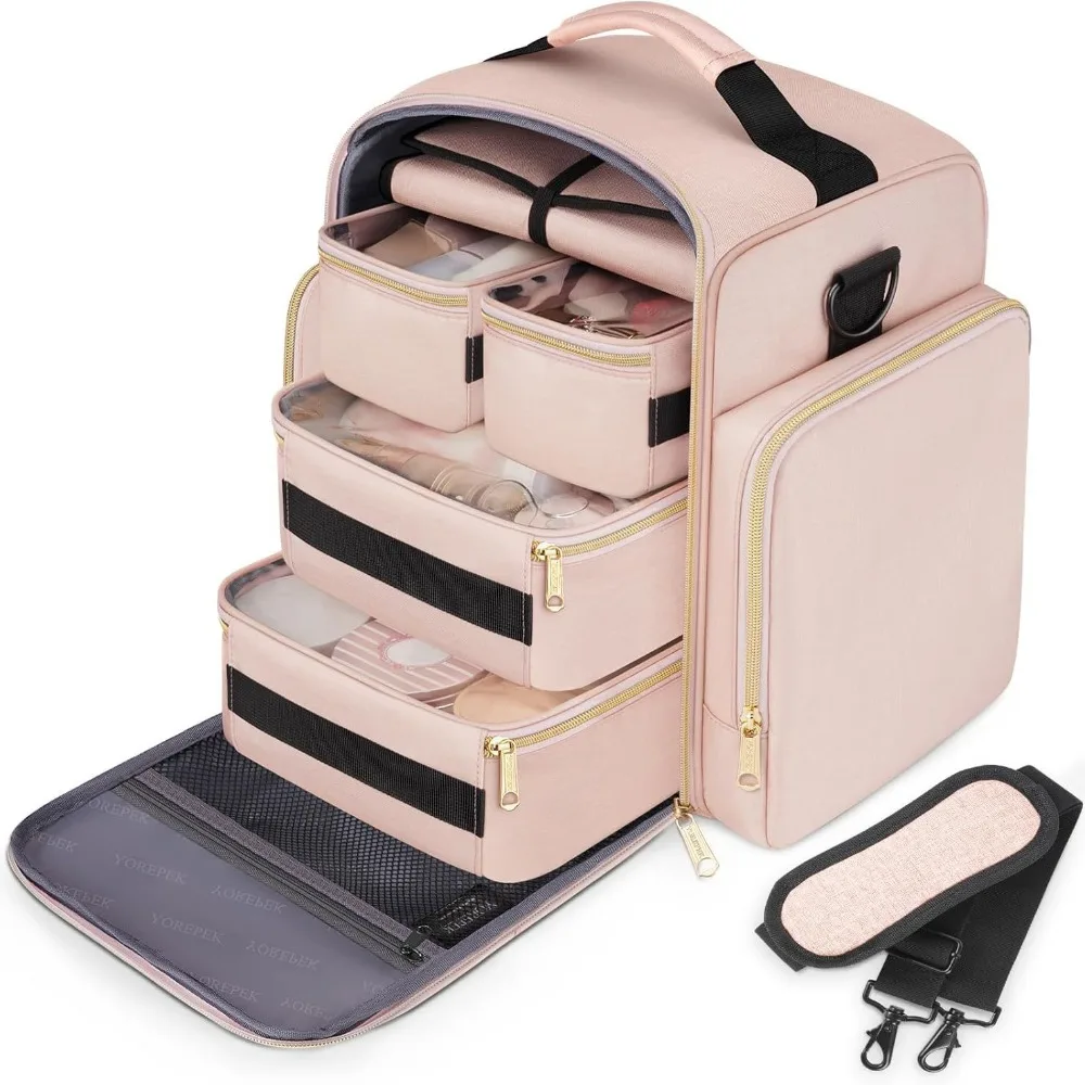 Large Travel Cosmetic Organizer Bag with 4 Removable Boxes Jewelry Roll Polyester Storage Pouch for Makeup Accessories