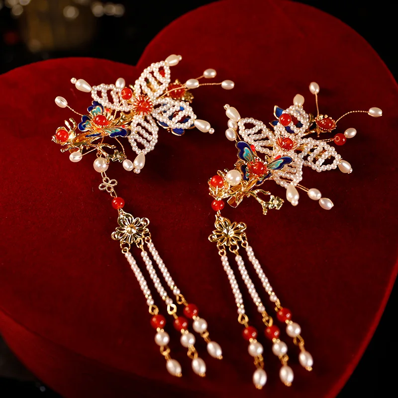 

Han Costume Hairpin Burnt Blue Tassel Antique Hairpin Headdress for Han Chinese Clothing Female Xiuhe Ancient Costume Cloisonne