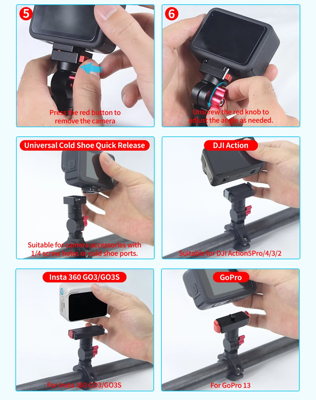 Motorrad Fahrrad Lenker Quick Release Clamp Halterung für GoPro 13 12 11 OSMO 360 Action 5Pro Insta360 GO 3S Stand Licht Halter – Detail 18
