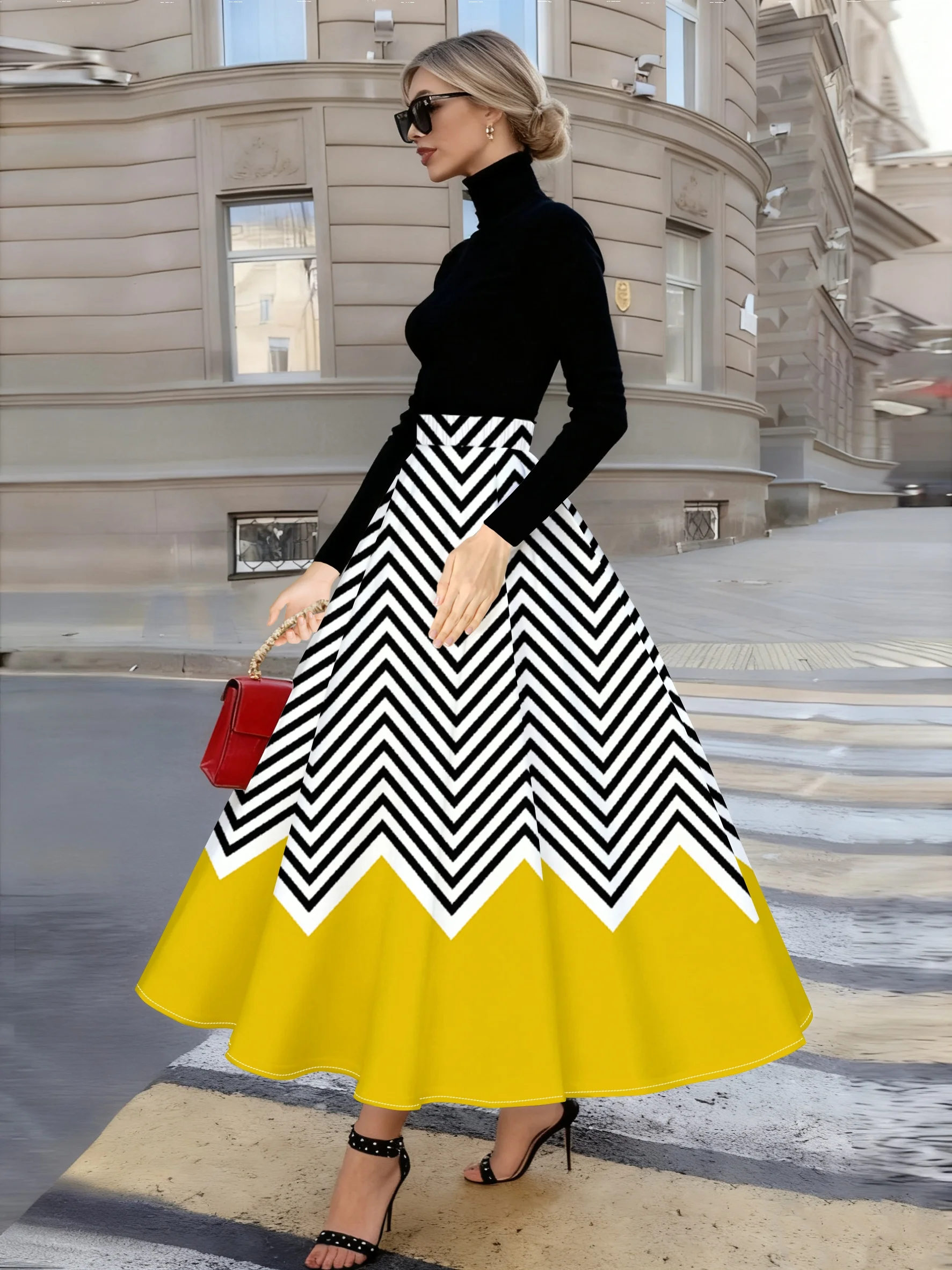 Printed Design all Seasons Black White Zigzag Yellow Border Vacation Style Pencil Skirt