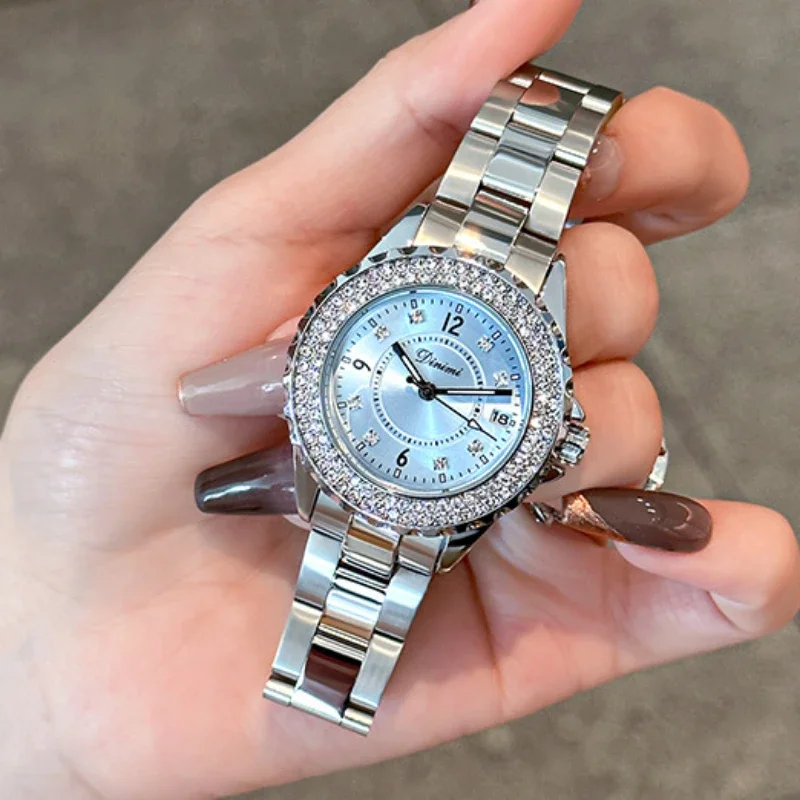Business Women Watch Exquisite Water Diamond Light Luxury Women Quartz Wristwatches Waterproof Steel Bands Fashion Business Gift